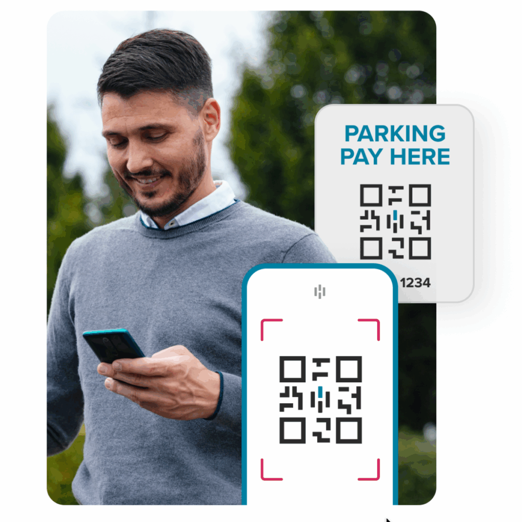 Gray sweater pay parking here sign