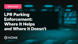 HONK blog card reading "LPR Parking Enforcement: Where It Helps and Where It Doesn't" on a dark parking garage background, Enforcement chip top left, HONK wordmark bottom left