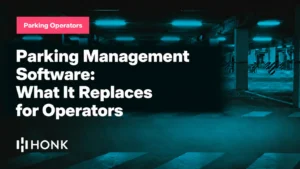 HONK blog card reading "Parking Management Software: What It Replaces for Operators" on a dark parking garage background, Parking Operators chip top left, HONK wordmark bottom left