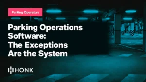 HONK blog card reading "Parking Operations Software: The Exceptions Are the System" on a dark parking garage background, Parking Operators chip top left, HONK wordmark bottom left