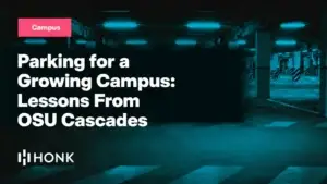 HONK blog card reading "Parking for a Growing Campus: Lessons From OSU Cascades" on a dark parking garage background, Campus chip top left, HONK wordmark bottom left