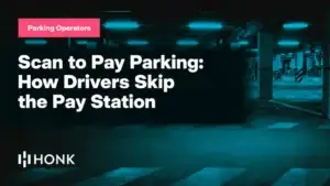 HONK blog card reading "Scan to Pay Parking: How Drivers Skip the Pay Station" on a dark parking garage background, Parking Operators chip top left, HONK wordmark bottom left