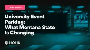 HONK blog card reading "University Event Parking: What Montana State Is Changing" on a dark parking garage background, Guest Events chip top left, HONK wordmark bottom left
